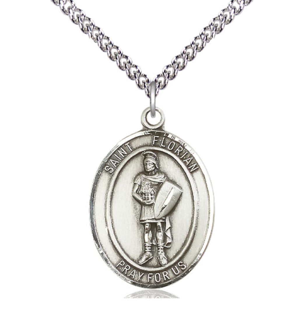 Bliss St Florian w/ Fire Gear on the Back Sterling Silver Large Medal Necklace,Sterling Silver Chain,7034SS14, 