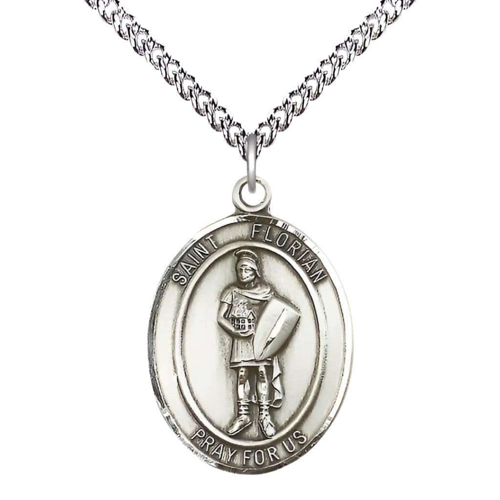 Bliss St Florian Sterling Silver Oval Engravable Large Medal Necklace with Sterling Silver Chain, Measures 1-inch tall by 3/4-inch wide