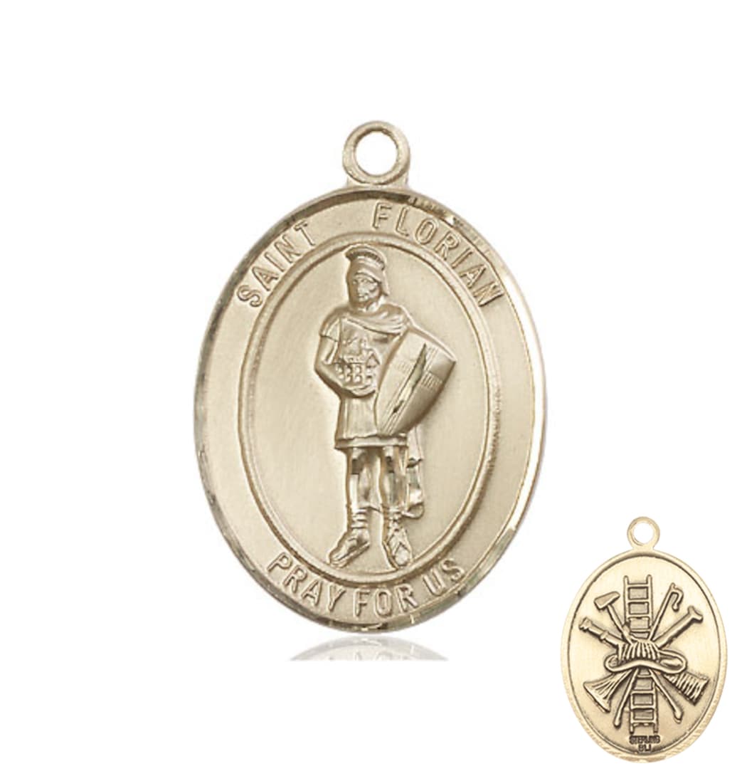 Bliss St Florian w/ Fire Gear on the Back 14kt Gold Large Medal,