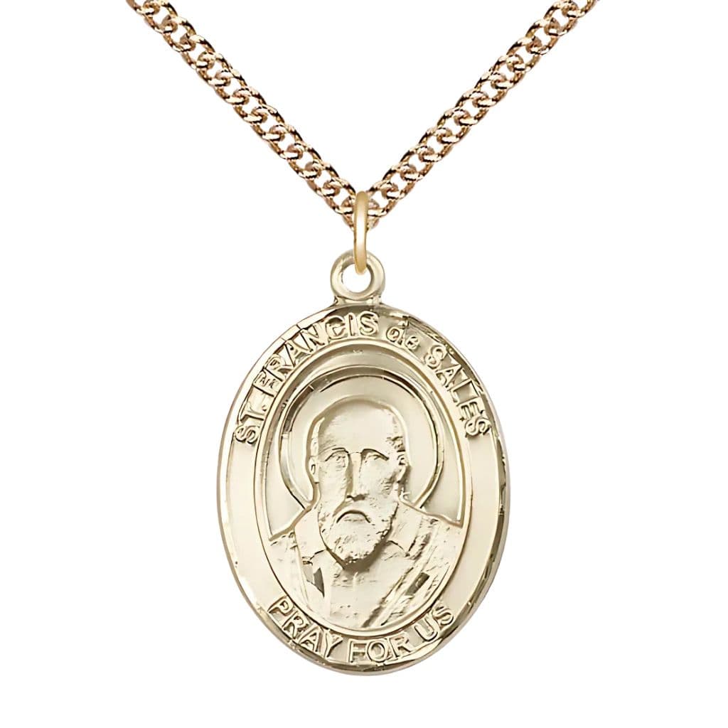 St. Francis de Sales 14kt Gold Oval Medal, 1-inch, 14kt Gold Chain,