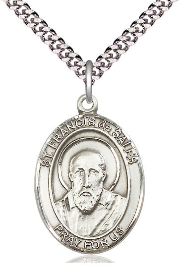 Bliss Manufacturing Large Pewter St Francis de Sales Pendant on a 24 inch Light Rhodium Heavy Curb Chain