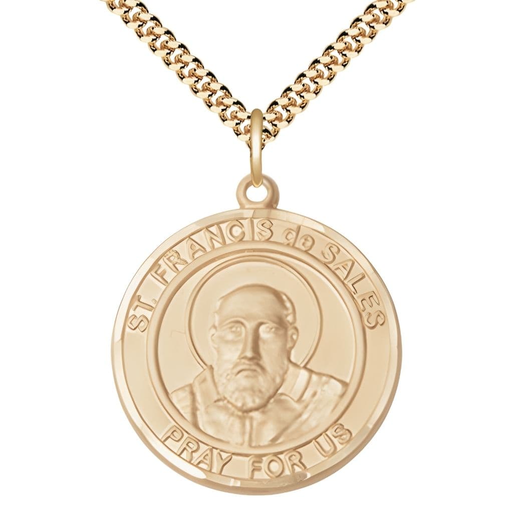 Bliss St. Francis de Sales 14kt Gold-filled Round Medal Pendant with Gold-plated Chain, Measures 1-inch tall by 7/8-inch wide.