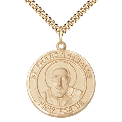 St. Francis de Sales 14kt Gold-filled Round Medal Pendant with Gold-plated Chain, Measures 1-inch tall by 7/8-inch wide, Bliss Manufacturing
