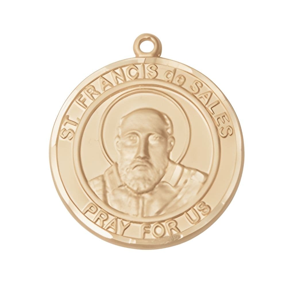 Bliss St. Francis de Sales 14kt Gold Round Medal Pendant, Measures 1-inch tall by 7/8-inch wide.