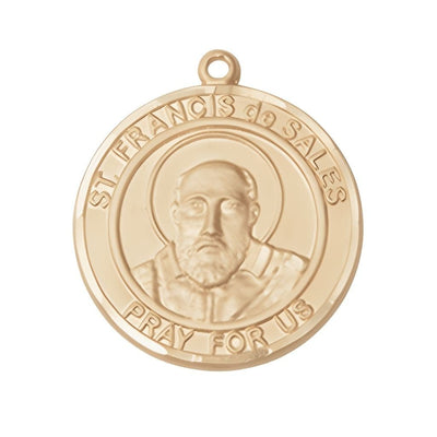 St. Francis de Sales 14kt Gold Round Medal Pendant, Measures 1-inch tall by 7/8-inch wide, Bliss Manufacturing