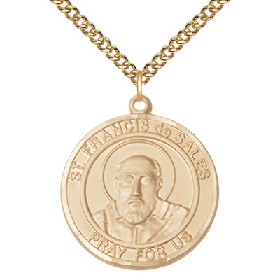 St. Francis de Sales 14kt Gold Round Medal Pendant with 14kt Gold Chain, Measures 1-inch tall by 7/8-inch wide, Bliss Manufacturing