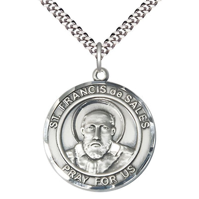 St. Francis de Sales Pewter Round Medal Pendant with Rhodium-plated Chain, Measures 1-inch tall by 7/8-inch wide, Bliss Manufacturing