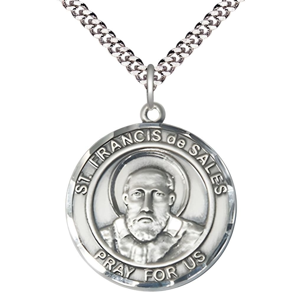 Bliss St. Francis de Sales Sterling Silver Round Medal Pendant with Rhodium-plated Chain, Measures 1-inch tall by 7/8-inch wide.