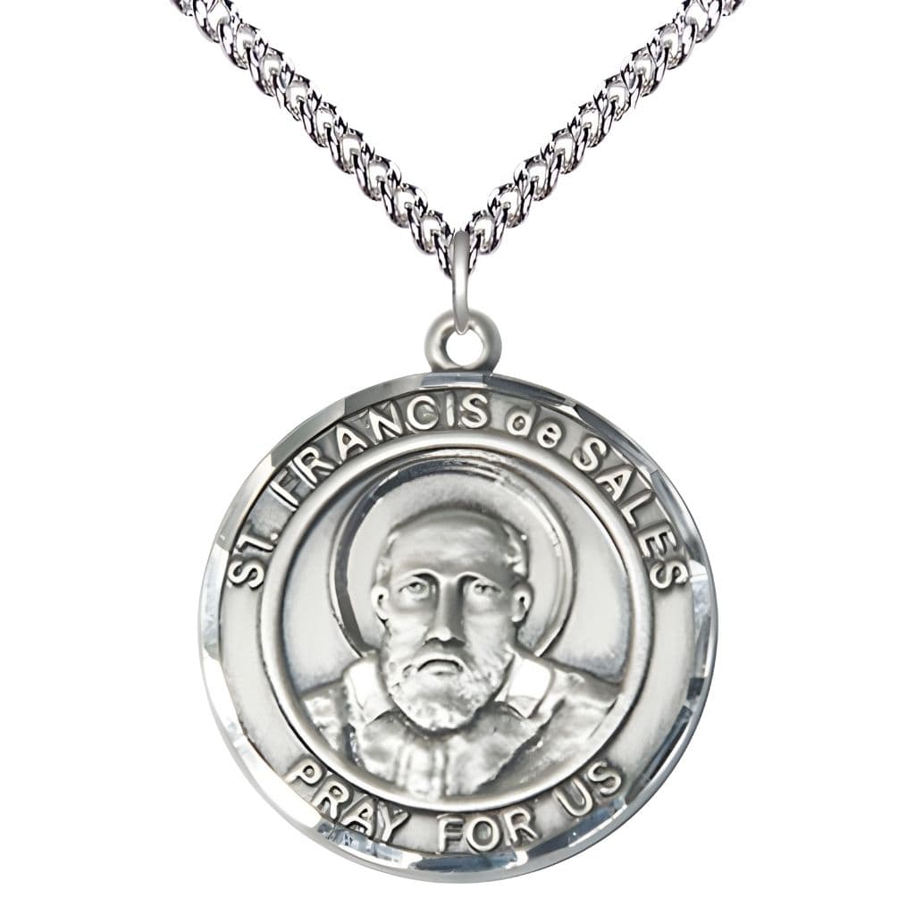 Bliss St. Francis de Sales Sterling Silver Round Medal Pendant with Sterling Silver Chain, Measures 1-inch tall by 7/8-inch wide.