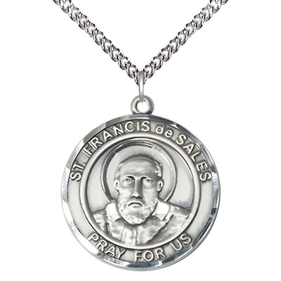 St. Francis de Sales Sterling Silver Round Medal Pendant with Sterling Silver Chain, Measures 1-inch tall by 7/8-inch wide, Bliss Manufacturing