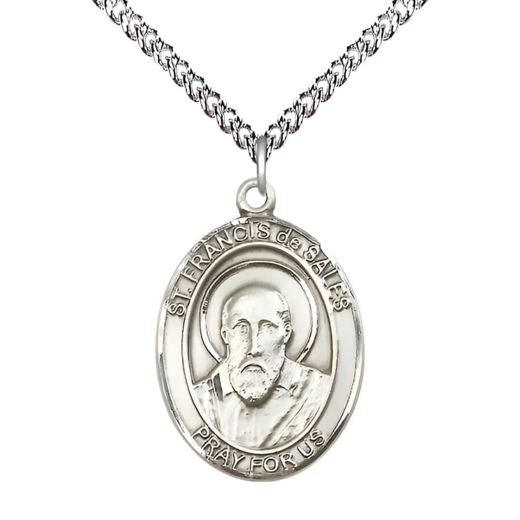 St. Francis de Sales Sterling Silver Oval Engravable Medal Necklace with Sterling Silver Chain, 1-inch,