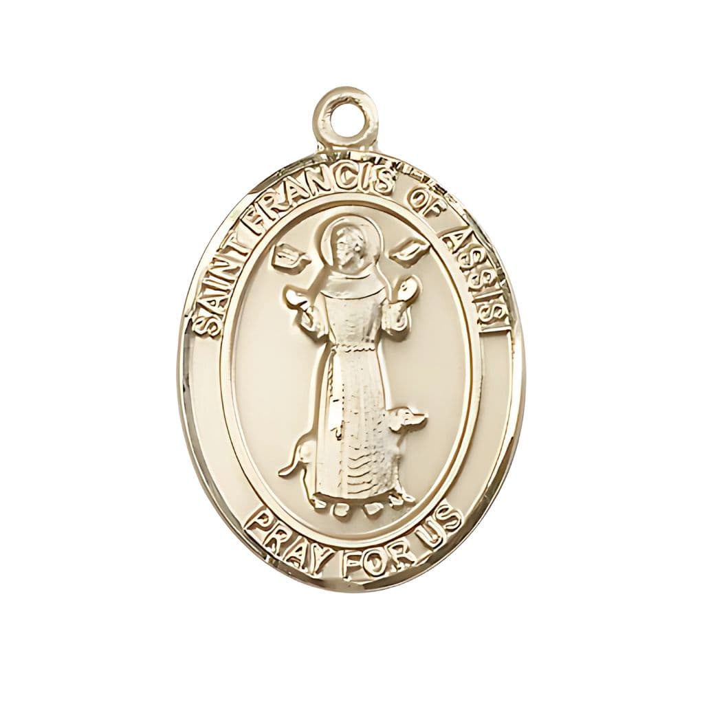 St. Francis of Assisi 14kt Gold Oval Medal, Measures 1-inch tall by 3/4-inch wide