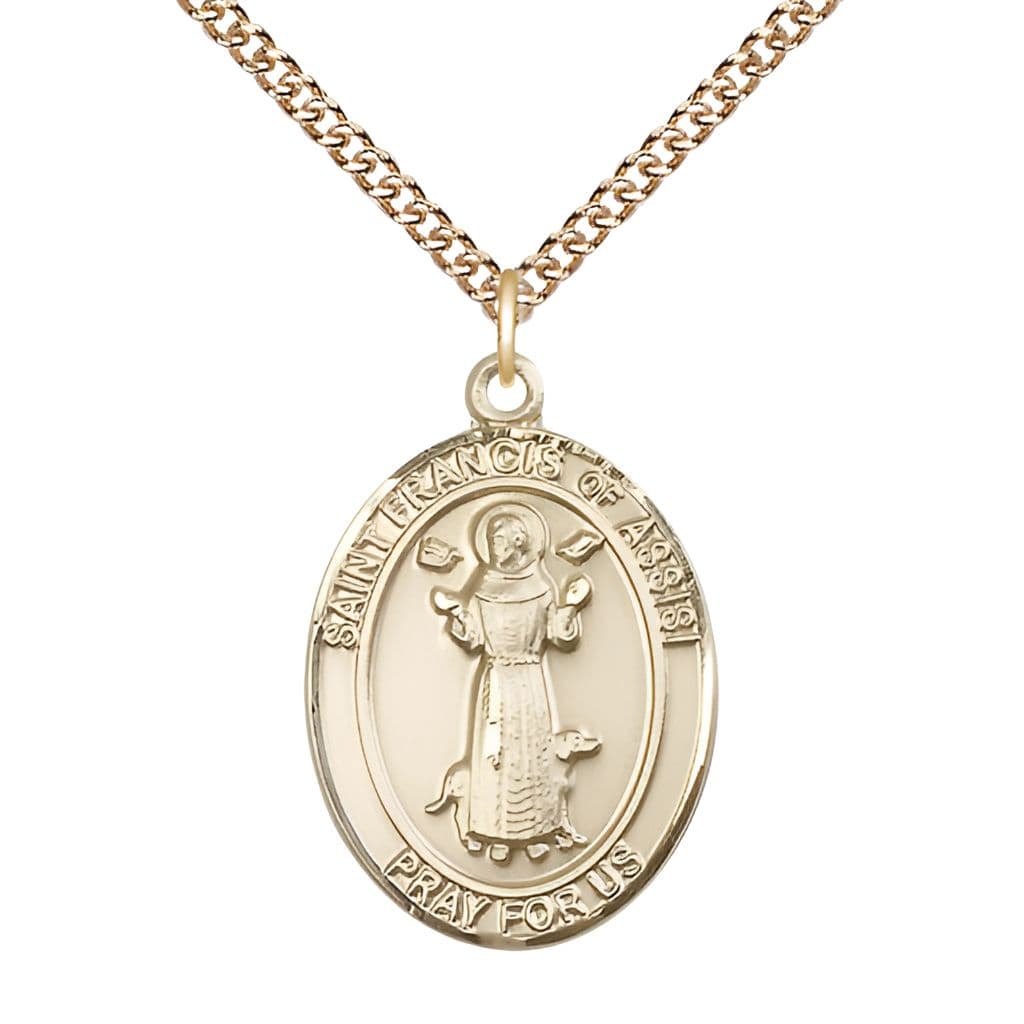 St. Francis of Assisi 14kt Gold Oval Medal with 14kt Gold Chain, Measures 1-inch tall by 3/4-inch wide