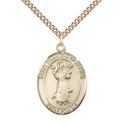 St. Francis of Assisi 14kt Gold Oval Medal with 14kt Gold Chain, Measures 1-inch tall by 3/4-inch wide, Bliss Manufacturing
