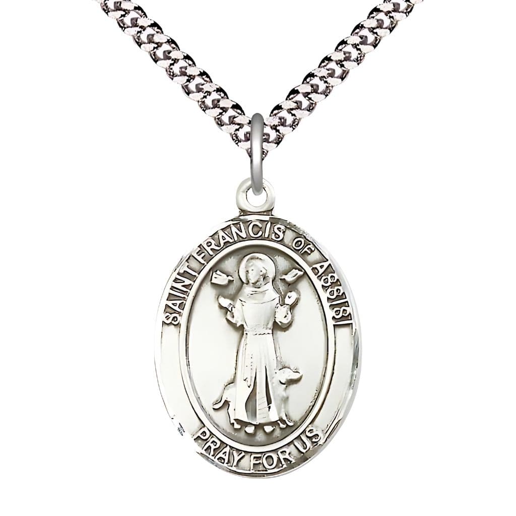 Bliss St. Francis of Assisi Pewter Engravable Oval Medal Necklace with Plated Chain, Measures 1-inch tall by 3/4-inch wide