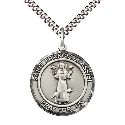 St. Francis of Assisi Pewter Round Medal with Plated Chain, Large 1-inch tall by 7/8-inch wide, Bliss Manufacturing