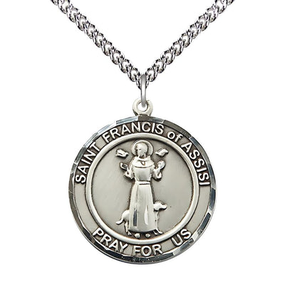 St. Francis of Assisi Sterling Silver Round Medal with Sterling Silver Chain, Large 1-inch tall by 7/8-inch wide, Bliss Manufacturing