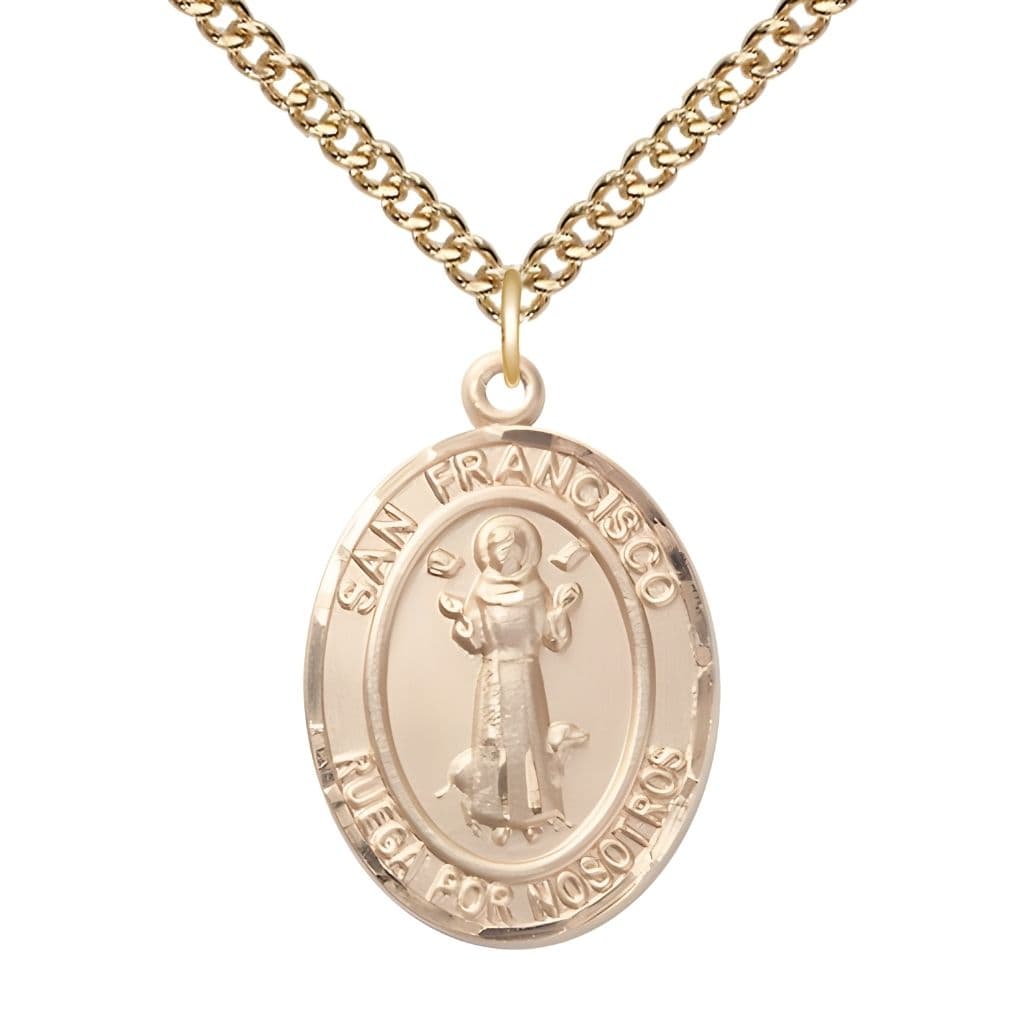 Bliss Spanish San Francisco 14kt Gold-filled Oval Medal with Gold-filled Chain, Measures 1-inch tall by 3/4-inch wide.