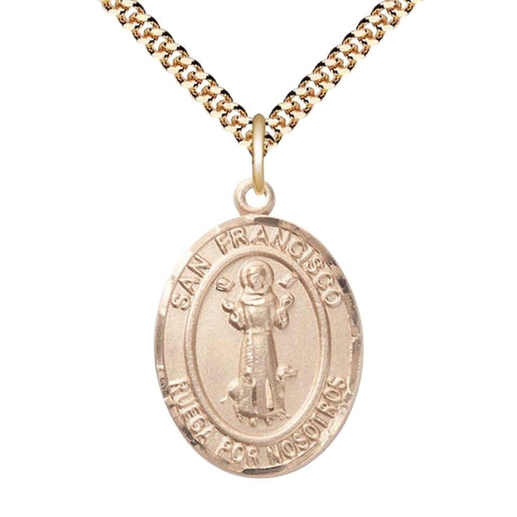 Bliss Spanish San Francisco 14kt Gold-filled Oval Medal with Plated Chain, Measures 1-inch tall by 3/4-inch wide.