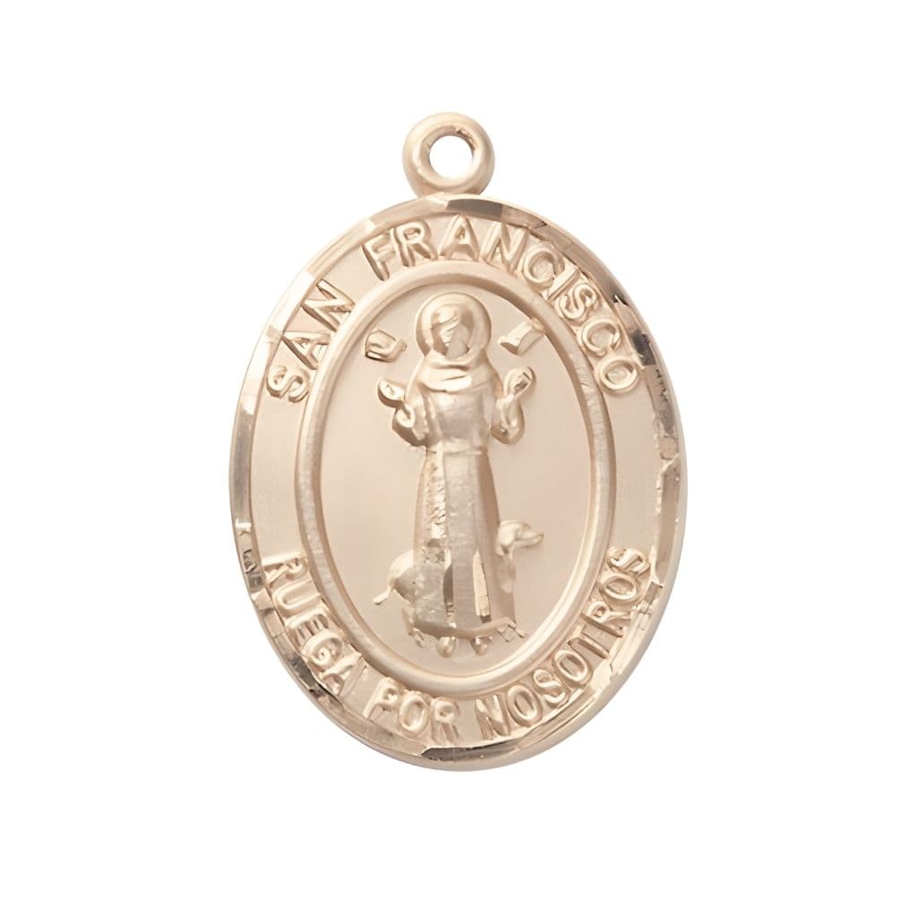 Bliss Spanish San Francisco 14kt Gold Oval Medal, Measures 1-inch tall by 3/4-inch wide.
