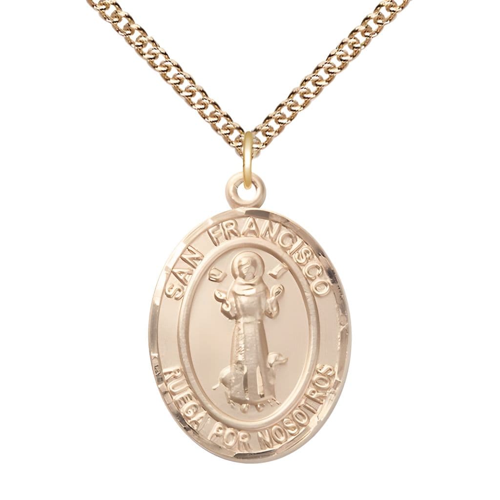 Bliss Spanish San Francisco 14kt Gold Oval Medal with 14kt Gold Chain, Measures 1-inch tall by 3/4-inch wide.