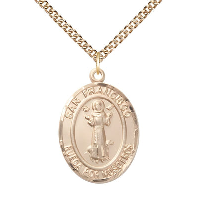 Spanish San Francisco 14kt Gold Oval Medal with 14kt Gold Chain, Measures 1-inch tall by 3/4-inch wide, Bliss Manufacturing
