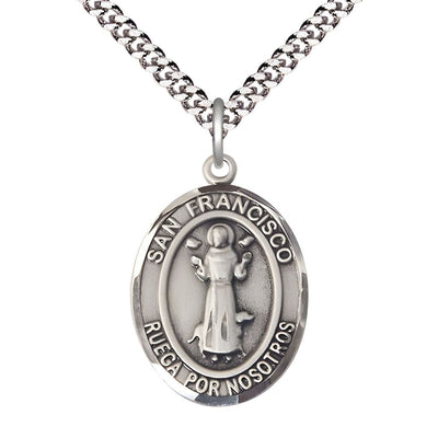 Spanish San Francisco Pewter Oval Medal with Plated Chain, Measures 1-inch tall by 3/4-inch wide, Bliss Manufacturing