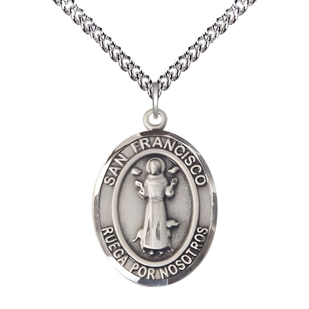 Bliss Spanish San Francisco Sterling Silver Oval Medal with Sterling Silver Chain, Measures 1-inch tall by 3/4-inch wide.