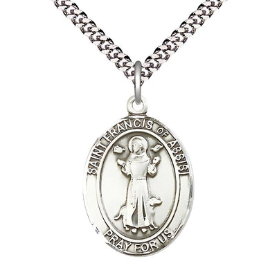 St. Francis of Assisi Sterling Silver Oval Medal with Plated Chain, Measures 1-inch tall by 3/4-inch wide, Bliss Manufacturing