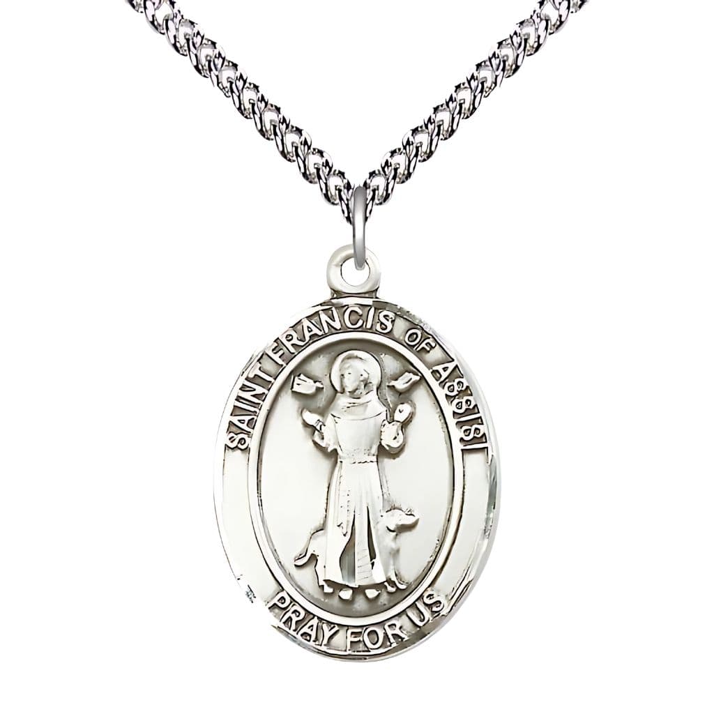 Bliss St. Francis of Assisi Sterling Silver Oval Medal with Sterling Silver Chain, Measures 1-inch tall by 3/4-inch wide