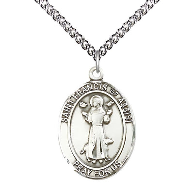 St. Francis of Assisi Sterling Silver Oval Medal with Sterling Silver Chain, Measures 1-inch tall by 3/4-inch wide, Bliss Manufacturing