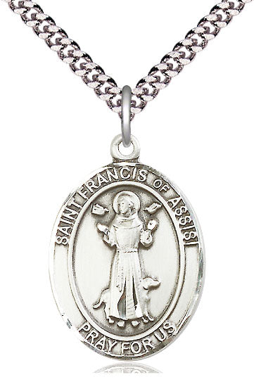 Bliss Manufacturing Large Sterling Silver St Francis of Assisi Pendant on a 24 inch Light Rhodium Heavy Curb Chain