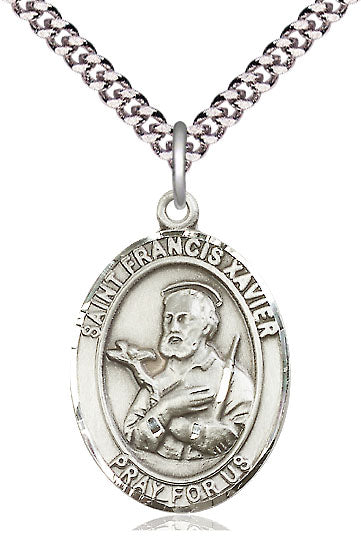 Bliss Manufacturing Large Sterling Silver St Francis Xavier Pendant on a 24 inch Light Rhodium Heavy Curb Chain