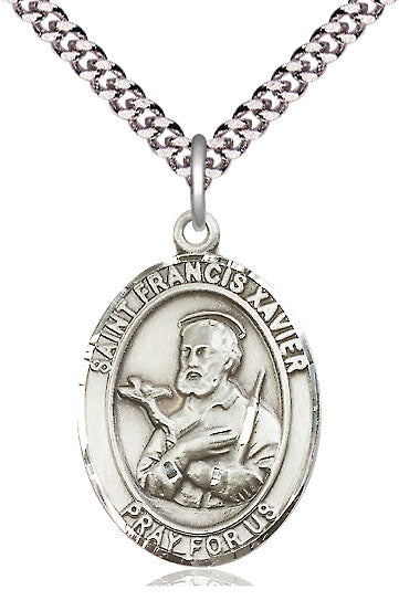 Large Sterling Silver St Francis Xavier Pendant on a 24 inch Light Rhodium Heavy Curb Chain, Bliss Manufacturing