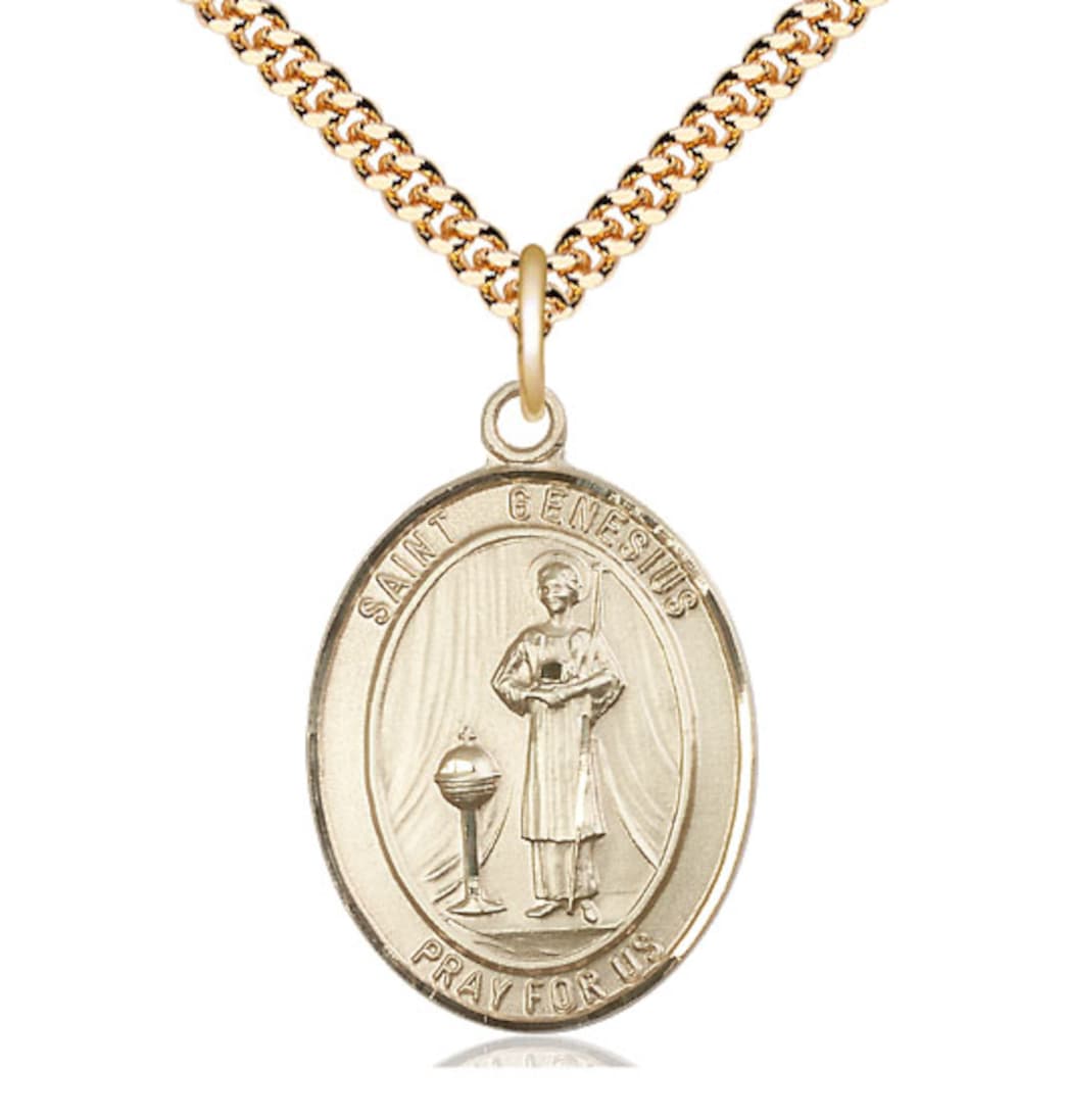 Bliss St Genesius of Rome Gold Filled Oval Large Medal Necklace with Gold Plated Chain,