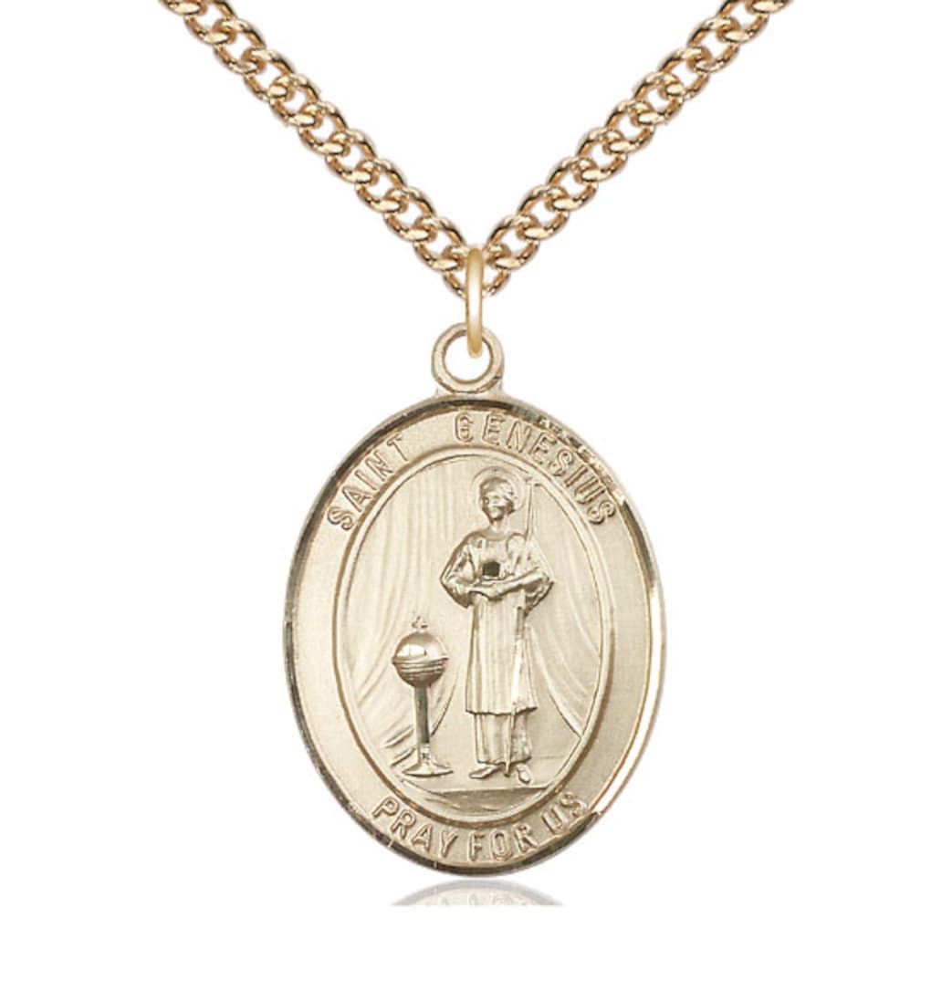 Bliss St Genesius of Rome Gold Filled Oval Large Medal Necklace with Gold Filled Chain,