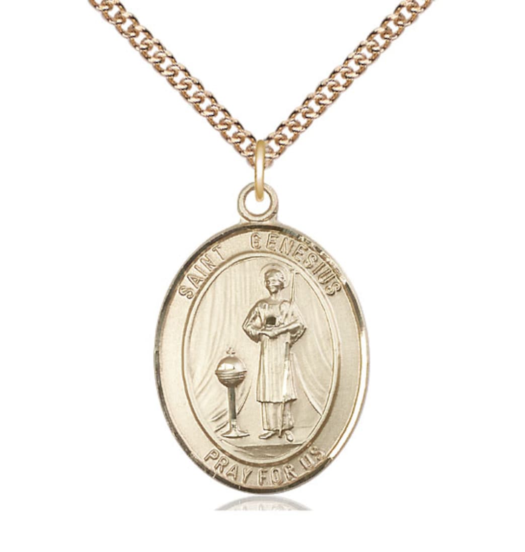 Bliss St Genesius of Rome 14kt Gold Oval Large Medal w/14kt Gold Chain,