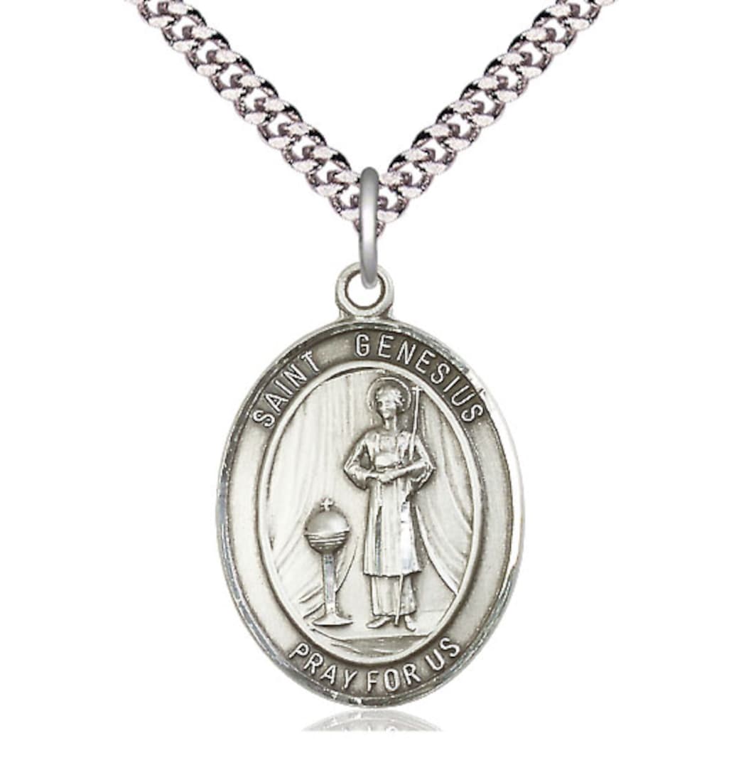 Bliss St Genesius of Rome Large Pewter Oval Medal Necklace,