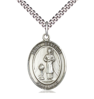 St Genesius of Rome Sterling Silver Oval Large Medal Necklace w/Plated Chain, Bliss Manufacturing