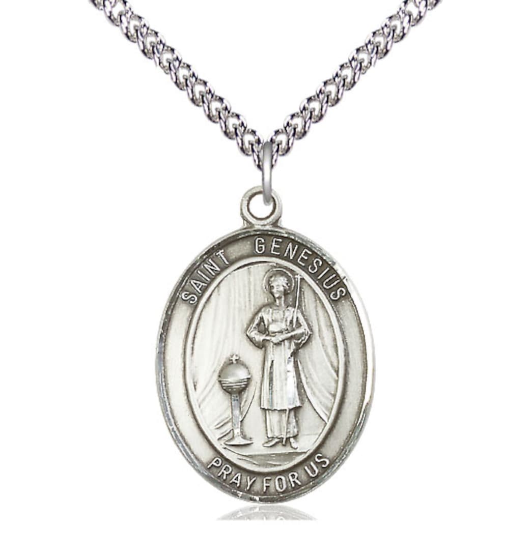 Bliss St Genesius of Rome Sterling Silver Oval Large Medal Necklace w/Sterling Chain,