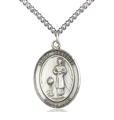 St Genesius of Rome Sterling Silver Oval Large Medal Necklace w/Sterling Chain, Bliss Manufacturing