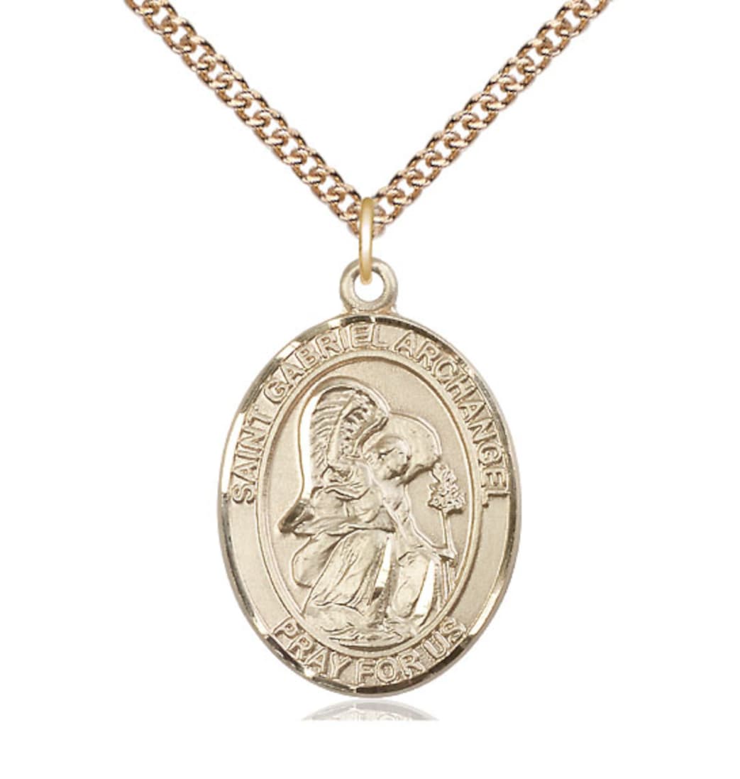 Bliss St Gabriel the Archangel 14kt Gold Oval Large Medal with 14kt Curb Chain,