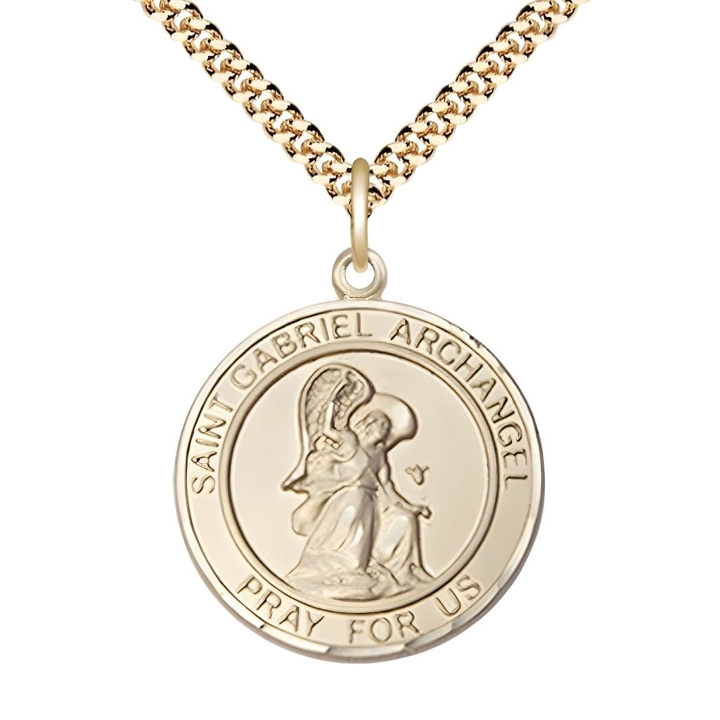 Bliss St. Gabriel the Archangel 14kt Gold-filled Round Medal Pendant with Gold-plated Chain, Measures 1-inch tall by 7/8-inch wide.