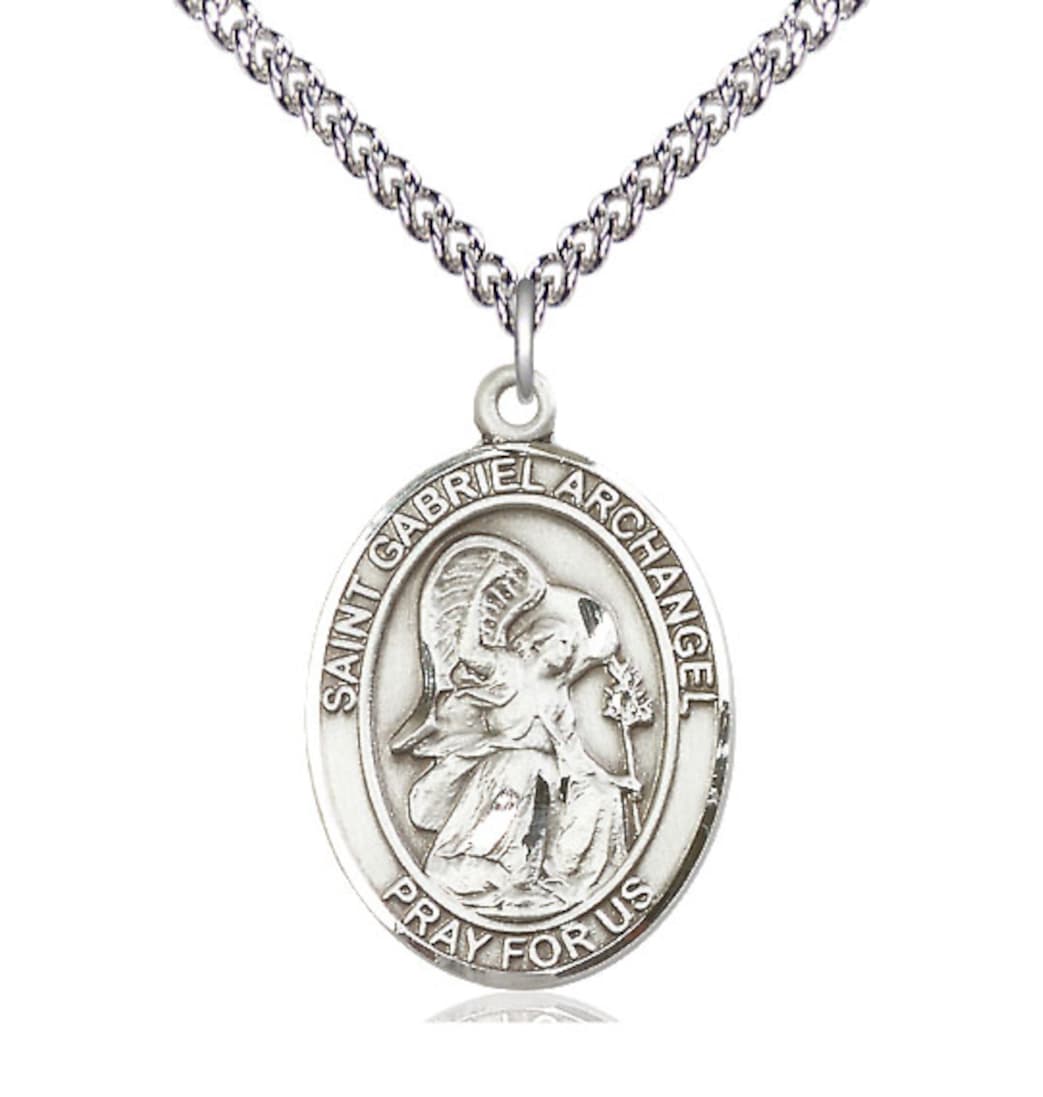 Bliss St Gabriel the Archangel Sterling Silver Oval Medium Medal Necklace with 24-in Sterling Chain,