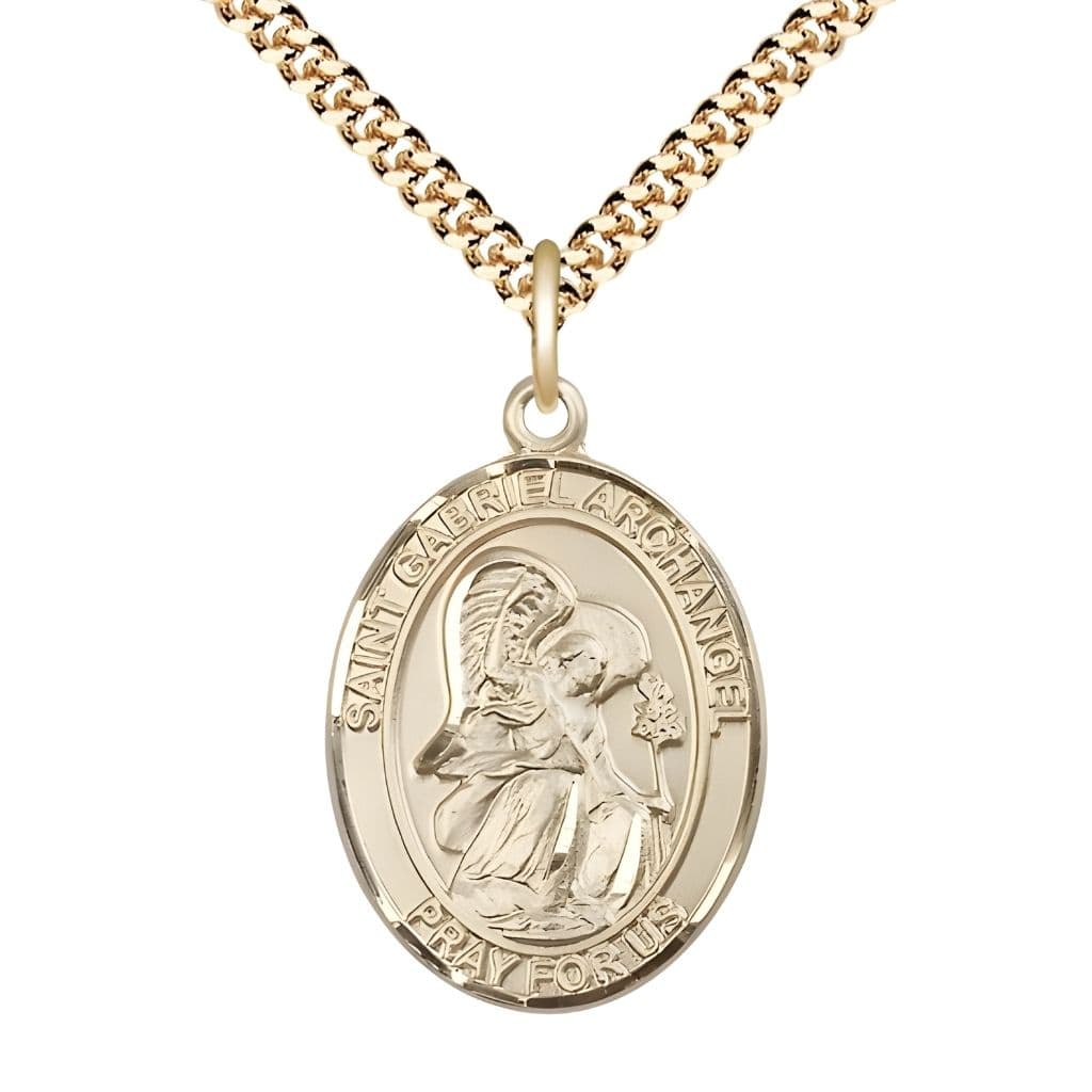 Bliss St. Gabriel the Archangel 14kt Gold-filled Oval Medal Pendant with Gold-plated Chain, Measures 1-inch tall by 3/4-inch wide.