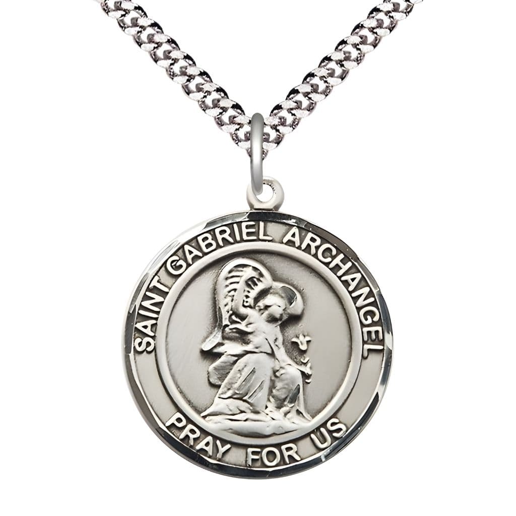 Bliss St. Gabriel the Archangel Pewter Round Medal Pendant with Rhodium-plated Chain, Measures 1-inch tall by 7/8-inch wide.