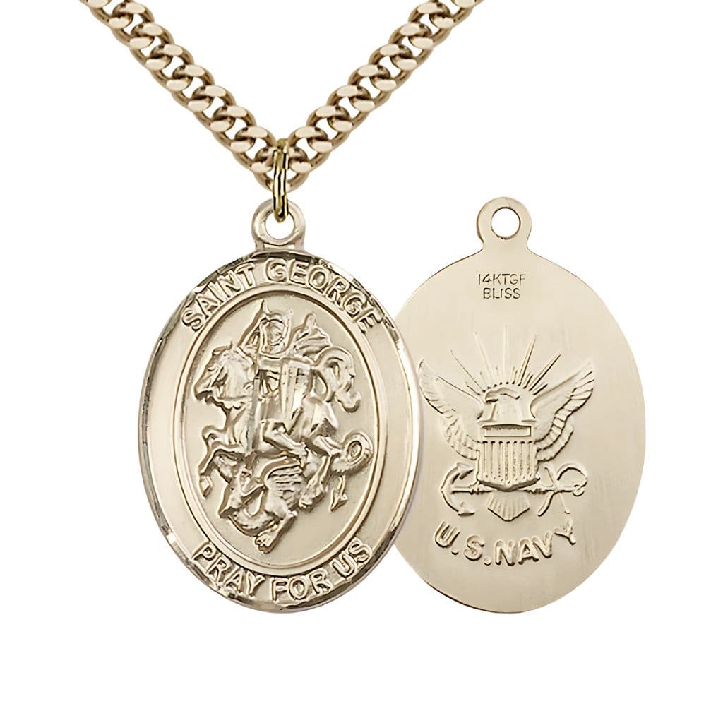 Bliss St. George and U.S. Navy Emblem 14kt Gold-filled Medal with Plated Chain, 1-inch,