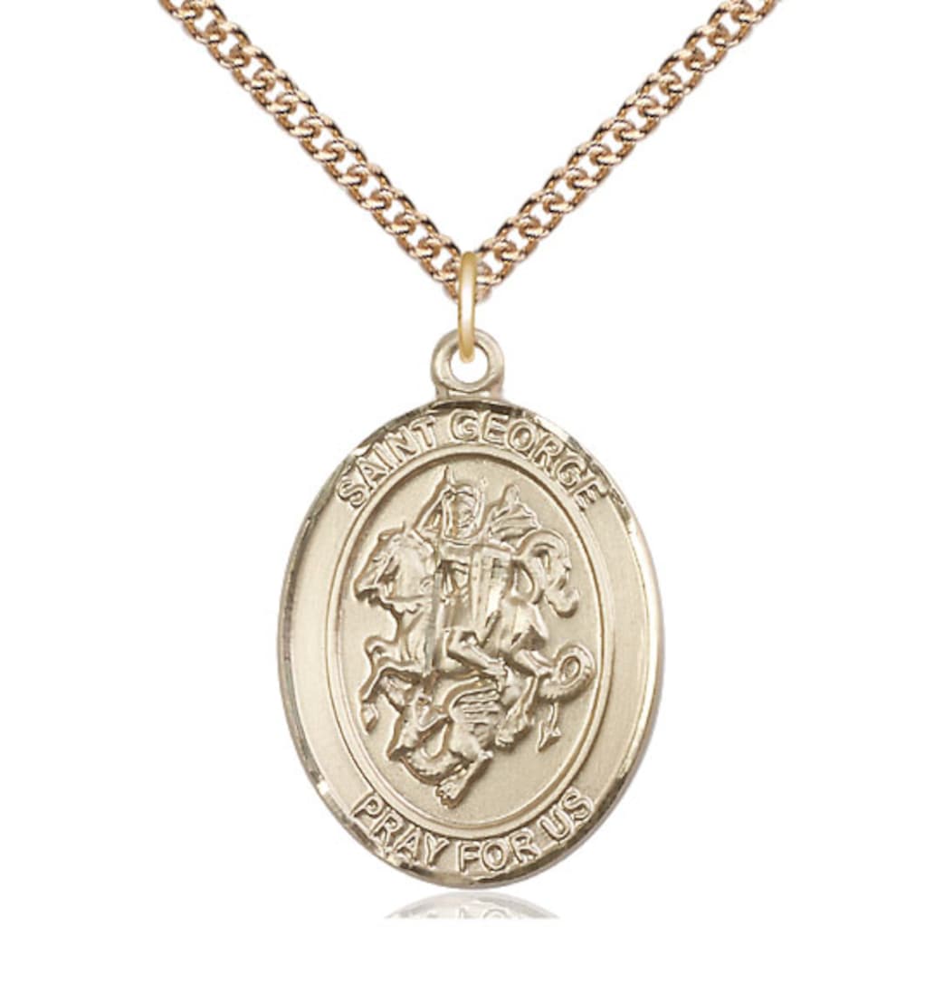 Bliss Manufacturing Large St George 14kt Gold Oval Medal with 14kt Gold Chain,