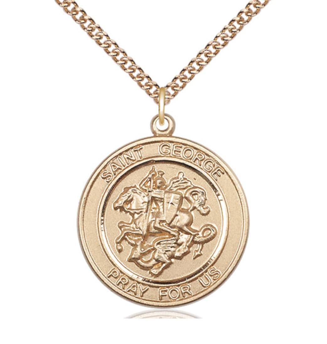 Bliss Manufacturing Round St George 14kt Gold Large Medal With 14kt Gold Chain,