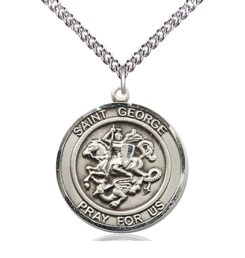 Bliss Round St George Sterling Silver Large Medal Necklace with Sterling Silver Chain,